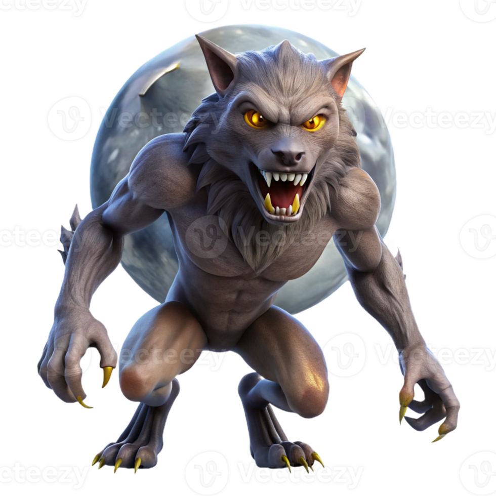 elegant classic A fierce werewolf transforming under the full moon, its fur bristling, in a terrifying, horror style high resolution png