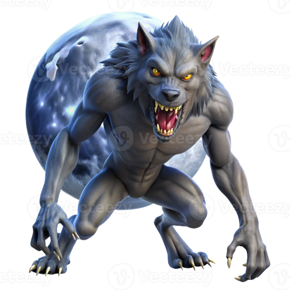 serene minimalist A fierce werewolf transforming under the full moon, its fur bristling, in a terrifying, horror style high quality png