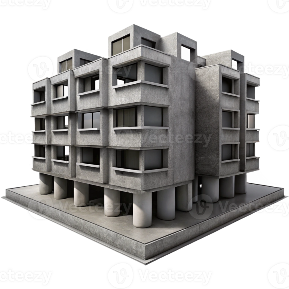 wonderful rustic A Brutalist concrete apartment complex, dramatically lit by stark shadows and highlights, black and white photography style authentic png