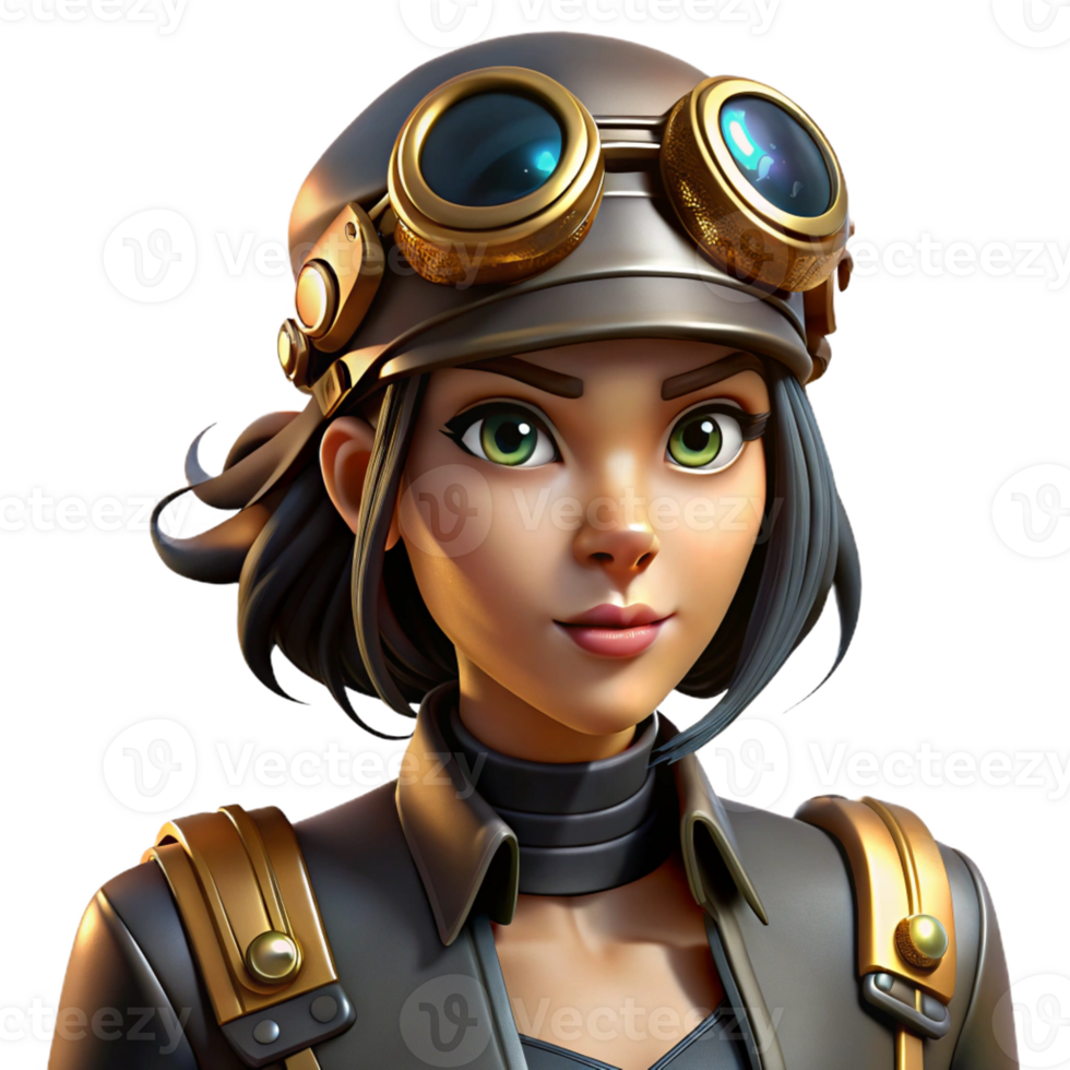 vibrant rustic A portrait of a steampunk woman, wearing goggles and a leather aviator cap, intricate clockwork arm visible, rim lighting, dramatic and mysterious authentic png