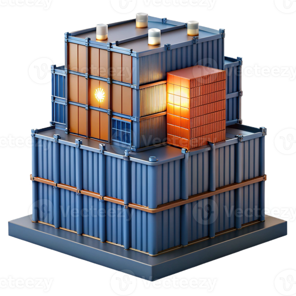 dramatic creative A skyscraper made entirely of stacked shipping containers, industrial lighting, urban photography original png