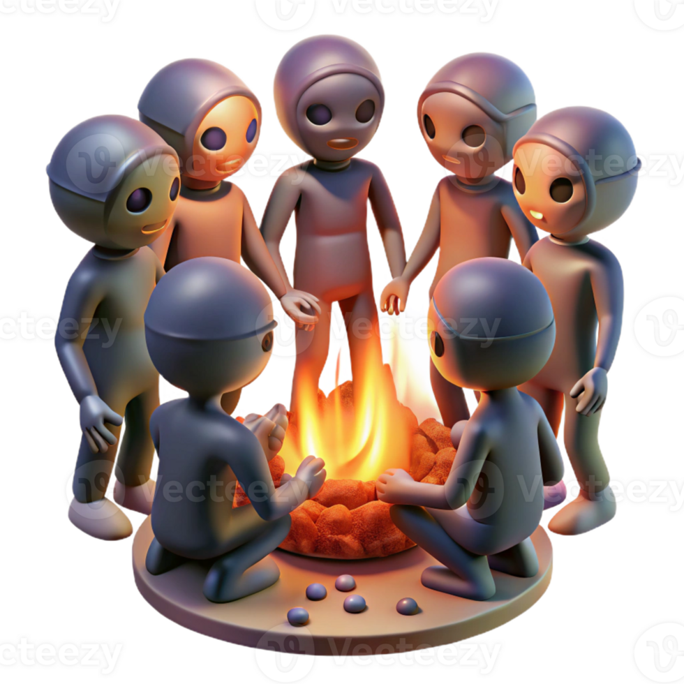 stunning rustic A group of genetically modified humans with glowing skin and unusual features, gathered around a bonfire, illuminated by the flickering firelight. Science fiction style professional png