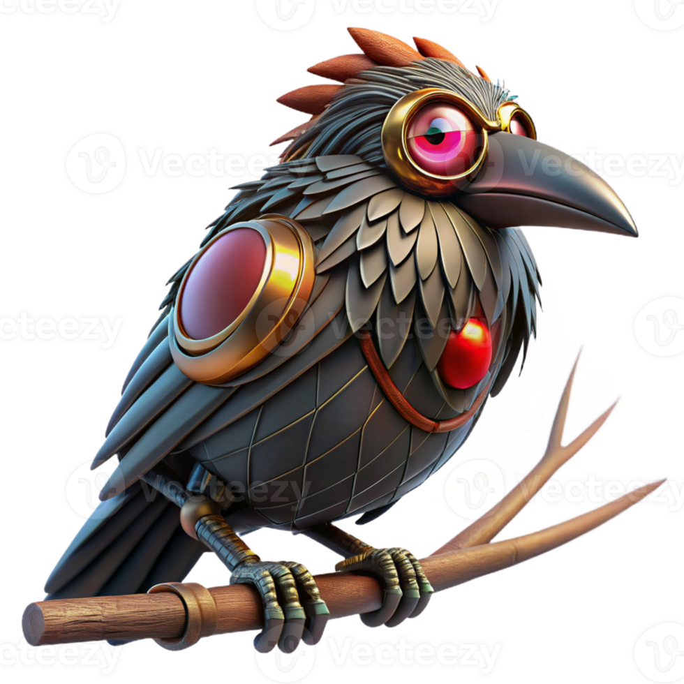 serene rustic Steampunk raven, metallic feathers, glowing red eyes, perched on a clockwork branch, dark and ominous lighting high quality png
