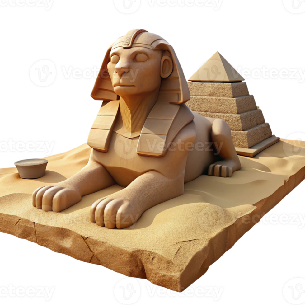 vibrant minimalist A stoic sphinx with weathered stone features, gazing out over a desolate desert, under the harsh midday sun. Egyptian tomb painting style professional png