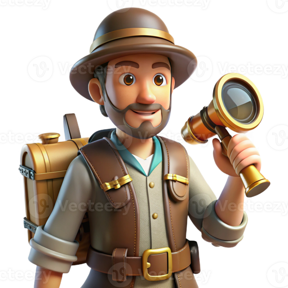 vibrant modern A curious steampunk explorer with a leather satchel, brass telescope, and a pith helmet, illuminated by the bright sun in a comic book style high resolution png