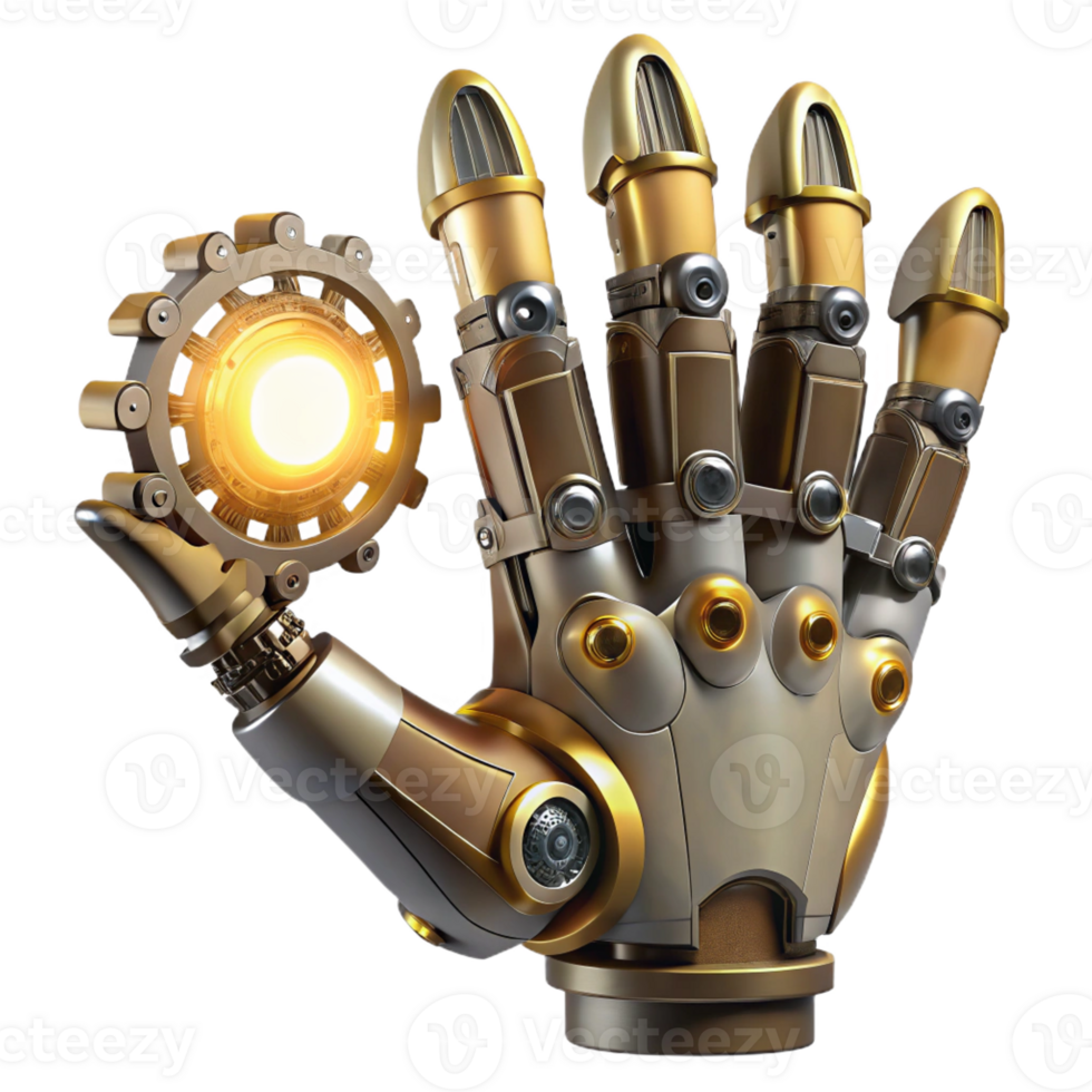 serene classic A steampunk robot hand with articulated fingers, intricate gears and wiring, reaching out, lit by a dramatic spotlight detailed png