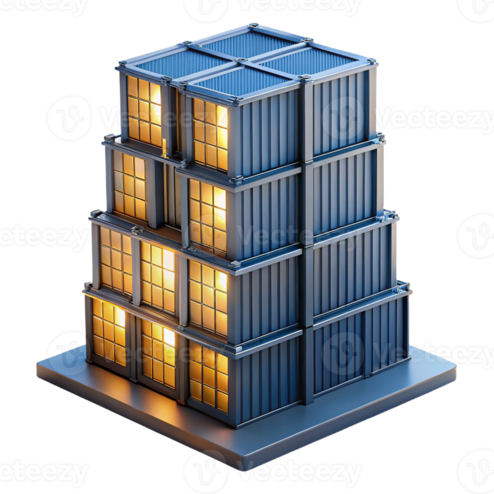 elegant modern A skyscraper made entirely of stacked shipping containers, industrial lighting, urban photography exclusive png