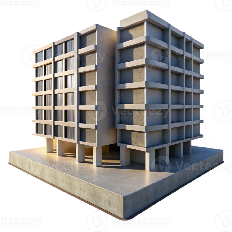 stunning contemporary Brutalist concrete apartment block, repetitive geometric forms, stark shadows, harsh midday sun, photorealistic rendering genuine png