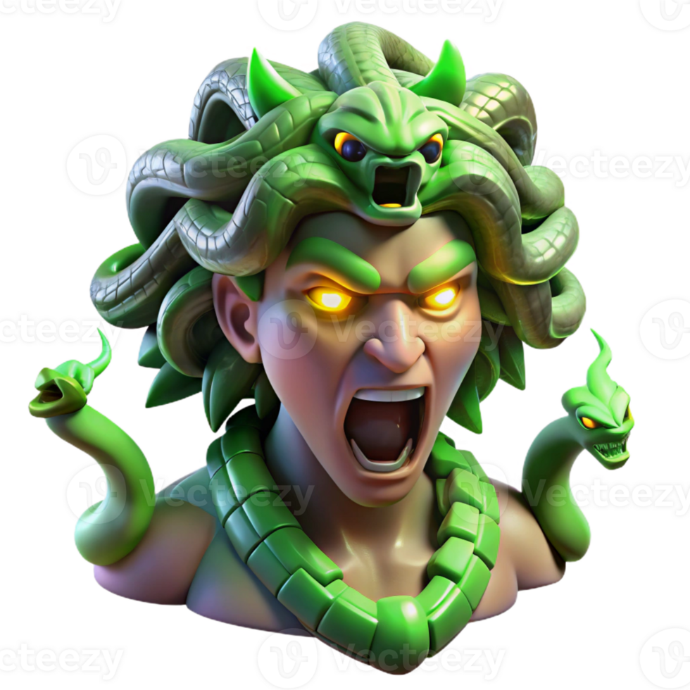 magnificent abstract A fearsome gorgon with snakes for hair turning a warrior to stone, illuminated by a flash of green light, in a dramatic and horrifying style original png