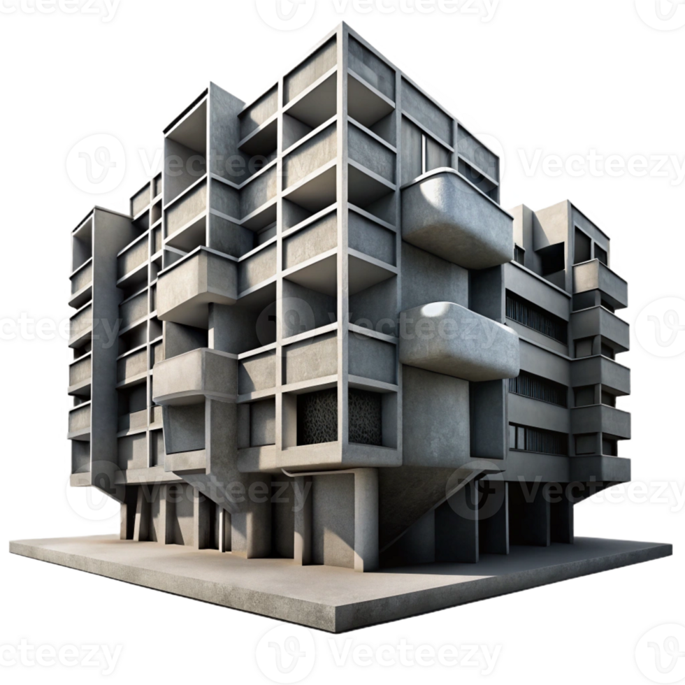serene artistic A Brutalist concrete apartment complex, dramatically lit by stark shadows and highlights, black and white photography style detailed png