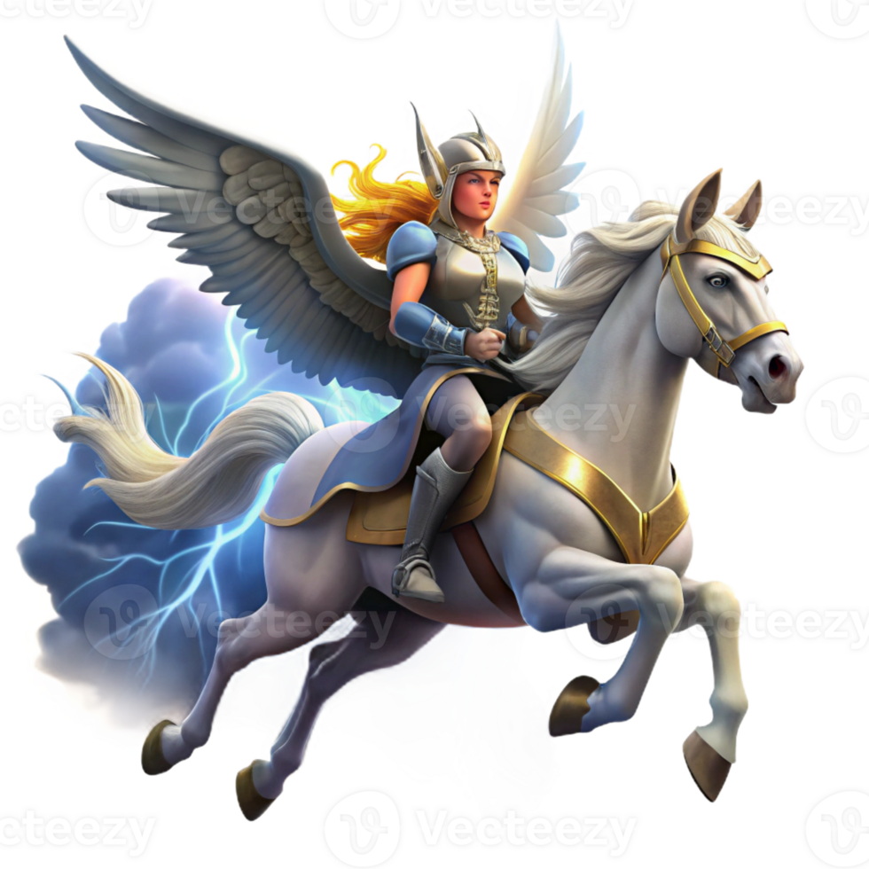 vibrant abstract A noble Valkyrie riding a winged horse through a stormy sky, carrying a fallen warrior to Valhalla. Norse mythology style. Dramatic, lightning-streaked sky premium png