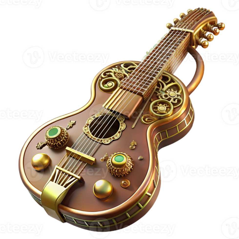 beautiful modern Steampunk guitar, intricate brass and wood design, glowing strings, held by a musician stage lighting, highly detailed, realistic authentic png