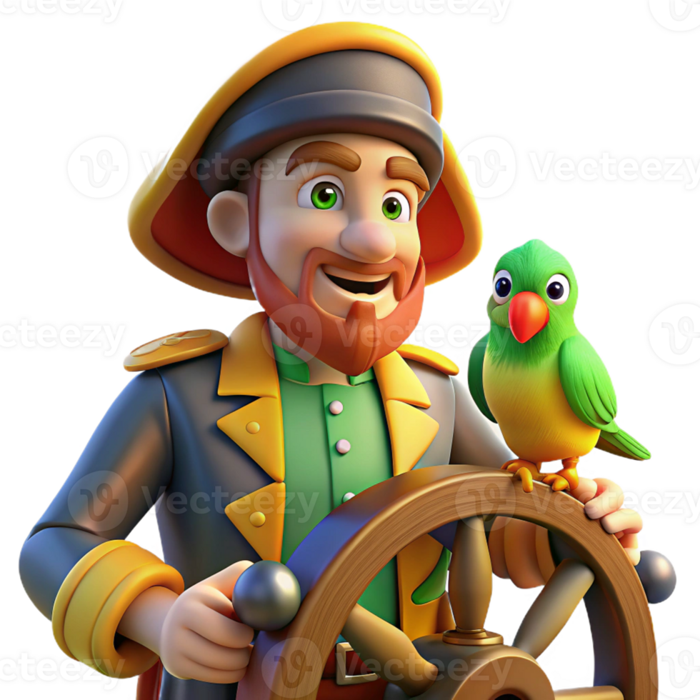 impressive contemporary A cartoon pirate with a parrot on their shoulder, standing at the helm of a ship, the warm glow of a sunset illuminating the ocean, drawn in a classic cartoon style authentic png
