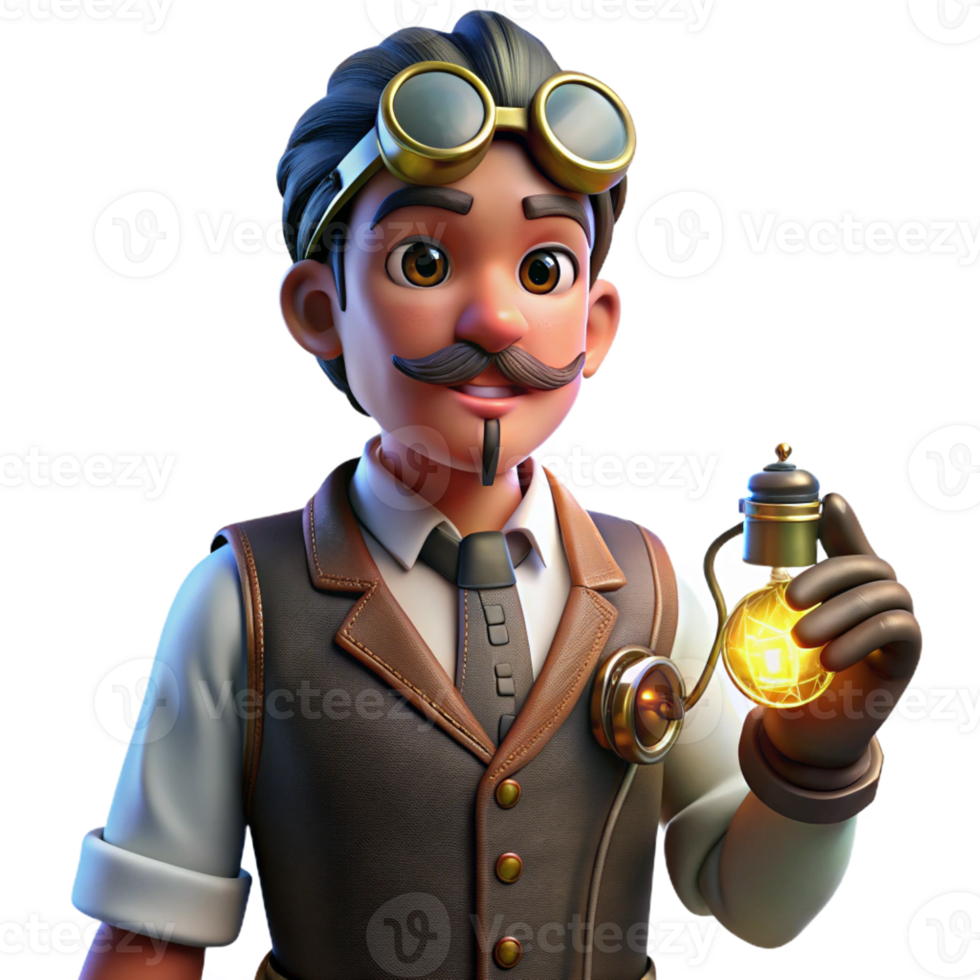 serene modern A portrait of a steampunk inventor in a velvet waistcoat and goggles, holding a complex device with glowing wires, lit by a flickering candlelight exclusive png