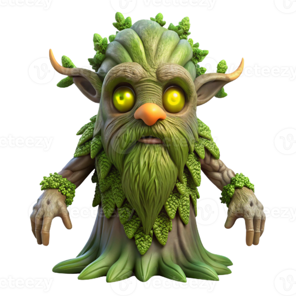 magnificent artistic A wise old tree spirit with glowing eyes and moss-covered branches, watching over a forest, in a mystical, fantasy style professional png
