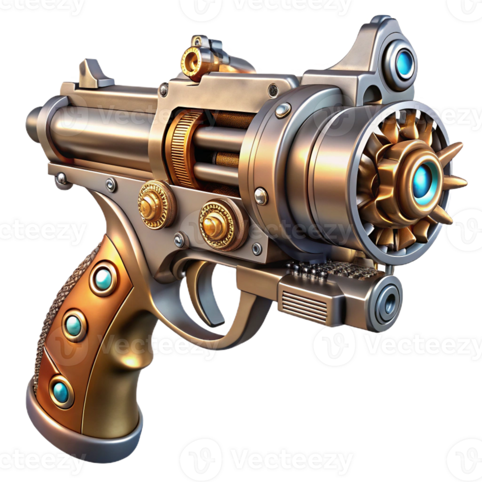 dramatic creative A steampunk pistol, intricately engraved, with exposed gears and pipes, gleaming metallic finish, dramatic spotlighting, realistic style detailed png
