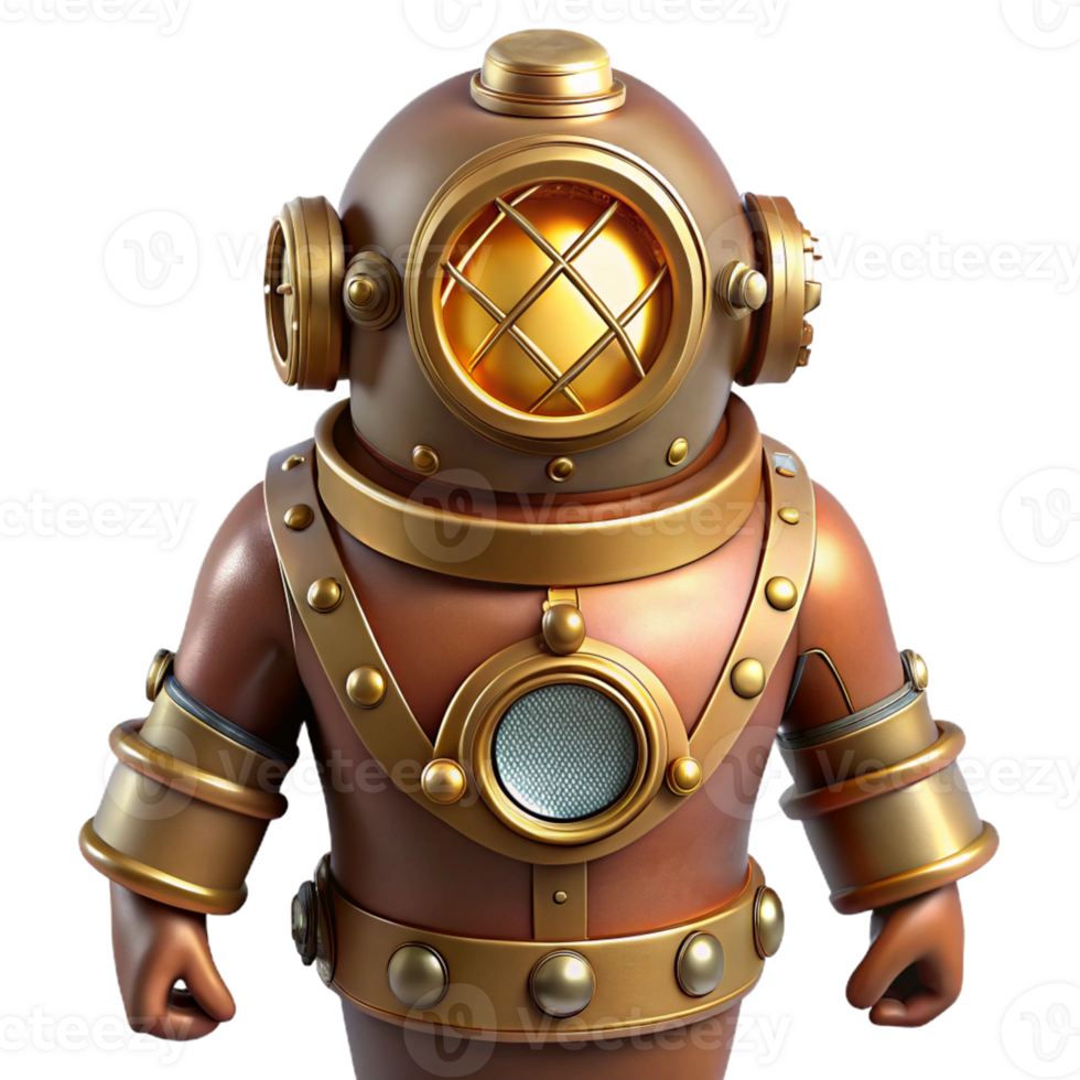 impressive modern A steampunk diver, brass diving suit, glowing portholes, underwater lighting, realistic style high resolution png