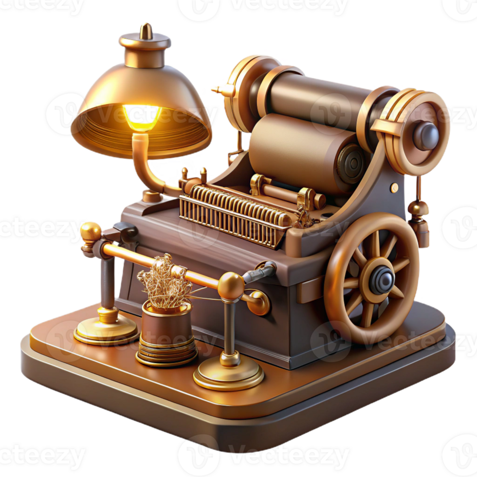 dramatic rustic A steampunk typewriter with brass keys, intricate gears, and a scrolling paper feed, sitting on a polished wooden desk, lit by a desk lamp high resolution png