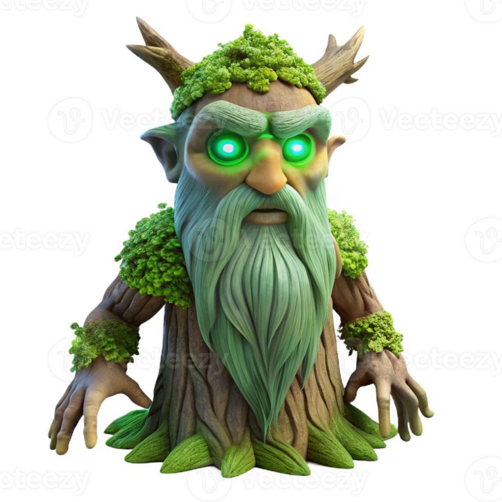 extraordinary contemporary A wise old tree spirit with glowing eyes and moss-covered branches, watching over a forest, in a mystical, fantasy style high quality png