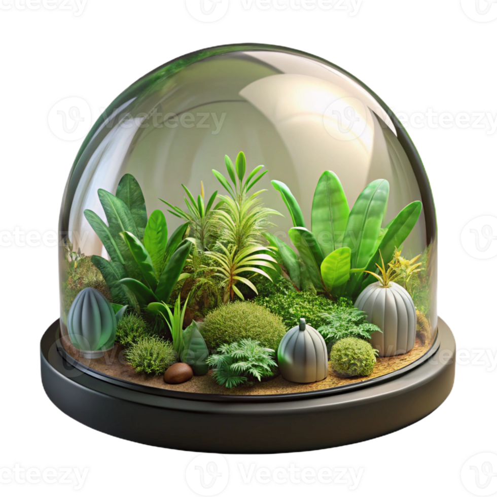 extraordinary rustic A glass dome biosphere housing a lush tropical ecosystem, bright sunlight, botanical illustration detailed png