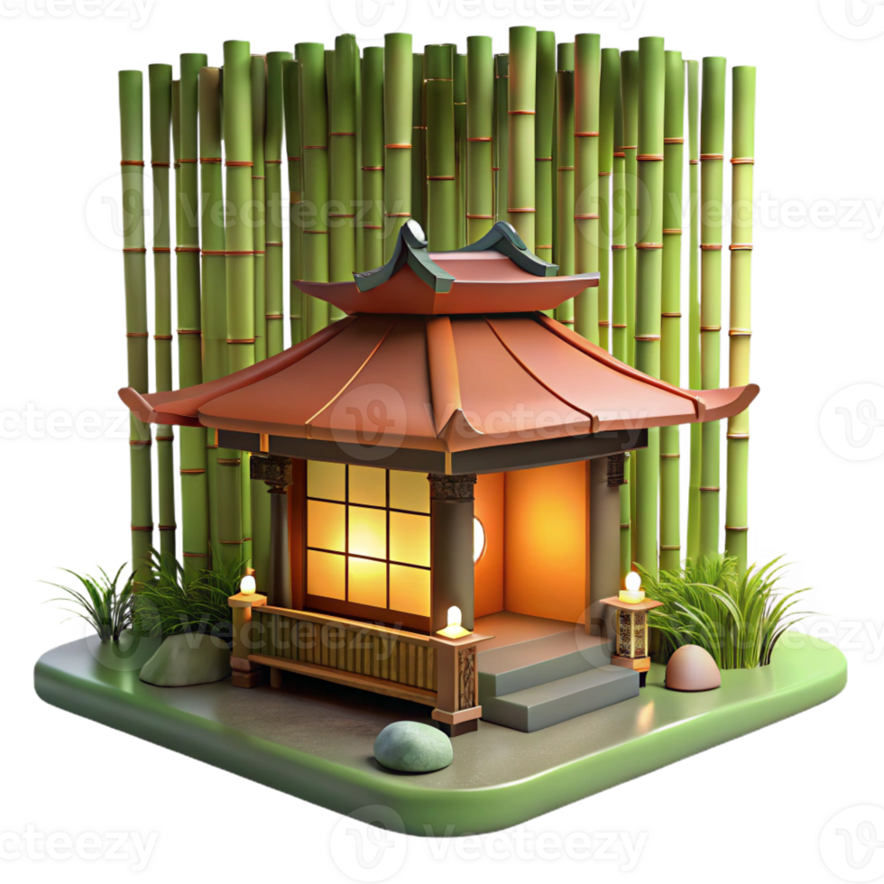impressive artistic A traditional Japanese tea house nestled in a serene bamboo forest, lit by soft, diffused sunlight, ukiyo-e style genuine png