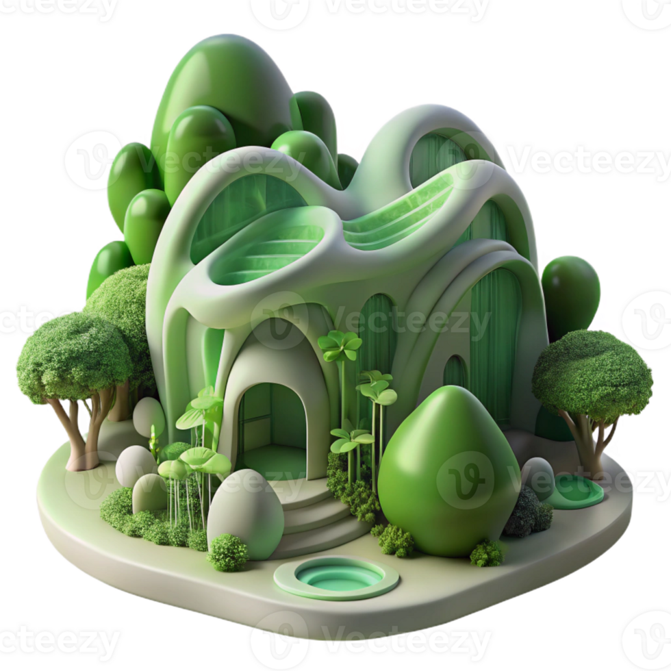 magnificent minimalist Organic architecture, flowing forms inspired by nature, verdant green materials, soft dappled light, dreamy illustrative style genuine png