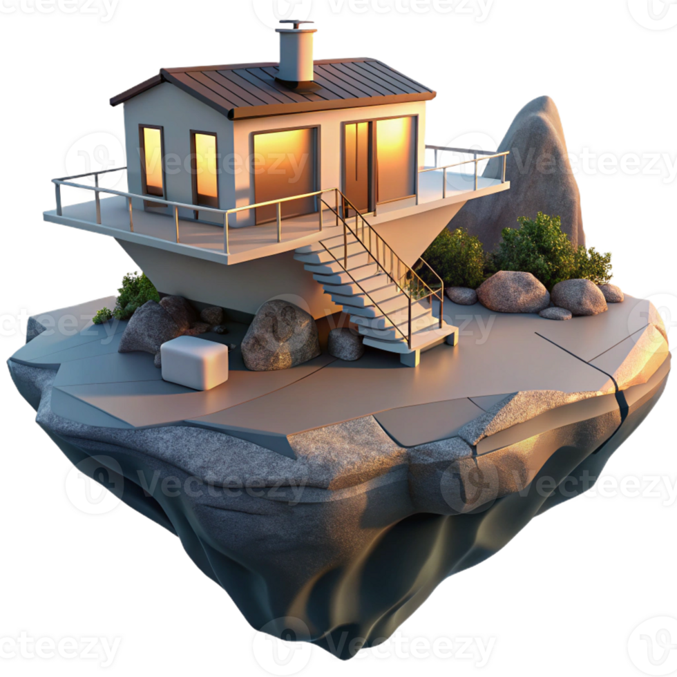 impressive artistic A floating, modular home anchored to a rocky island, sunset lighting, architectural visualization original png