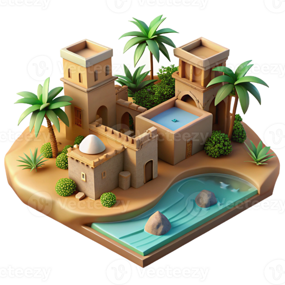 stunning classic Desert oasis village, adobe buildings, palm trees, shimmering water, warm sunlight, desert architecture style original png