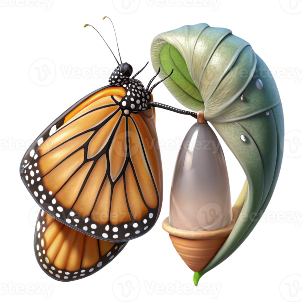 stunning artistic A monarch butterfly emerging from its chrysalis, wings still wet and crumpled, macro photography, soft lighting high resolution png