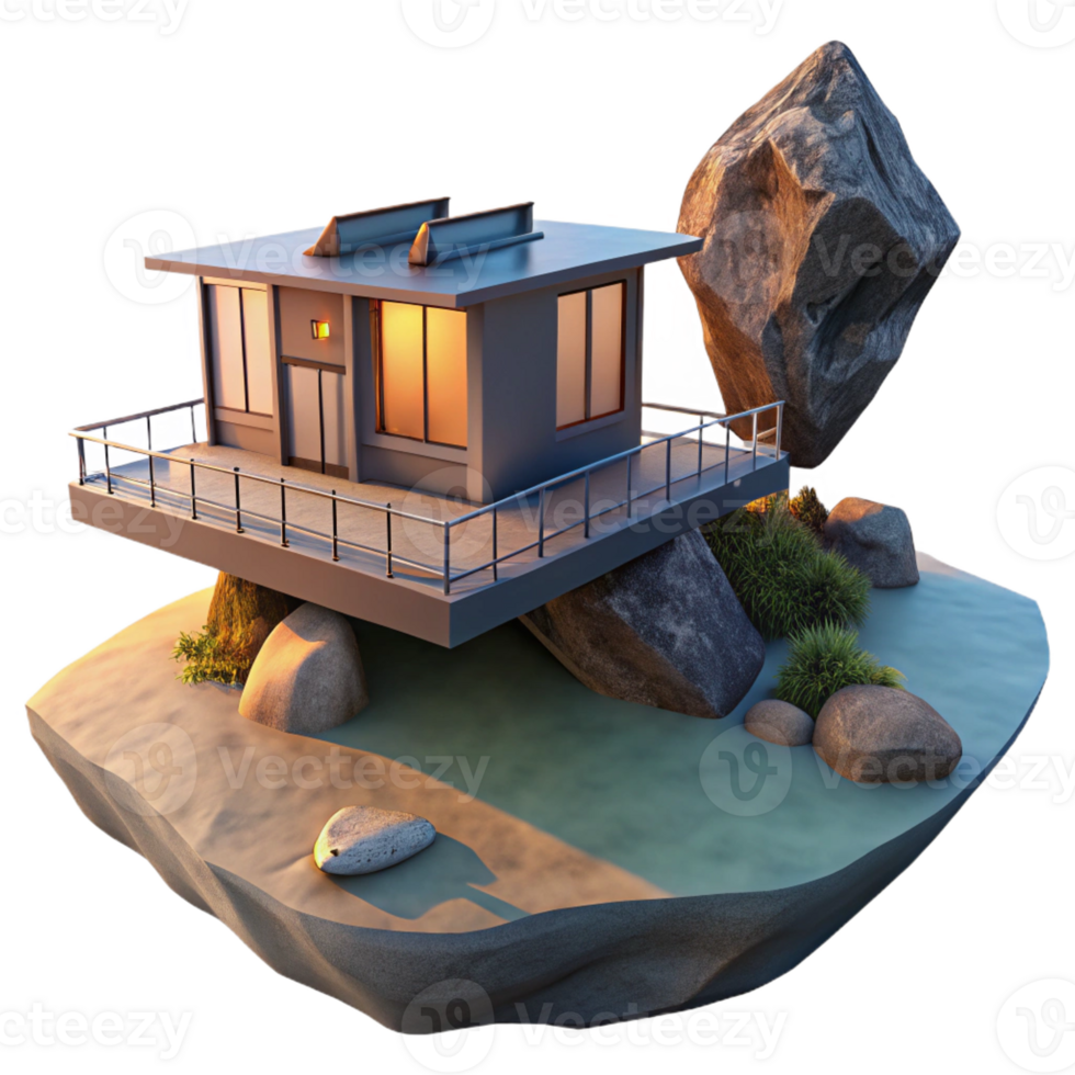 magnificent vintage A floating, modular home anchored to a rocky island, sunset lighting, architectural visualization authentic png
