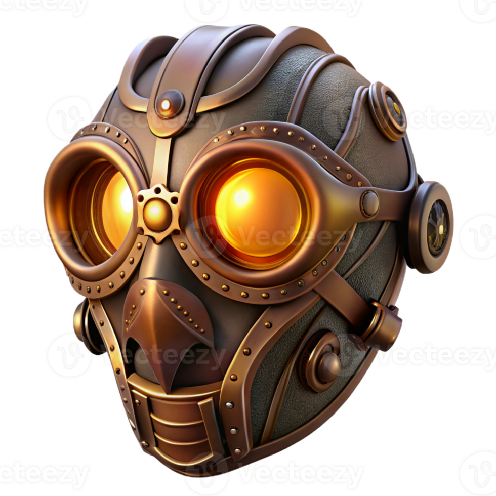 elegant modern A steampunk mask with intricate filigree, glowing lenses, and leather straps, floating in darkness, lit by a soft, ethereal glow original png