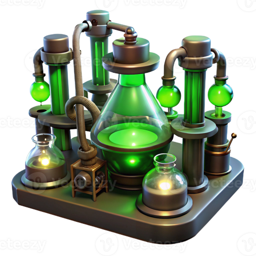 stunning abstract A mysterious steampunk laboratory filled with bubbling beakers, glowing tubes, and strange contraptions, lit by an eerie green light in a gothic style exclusive png