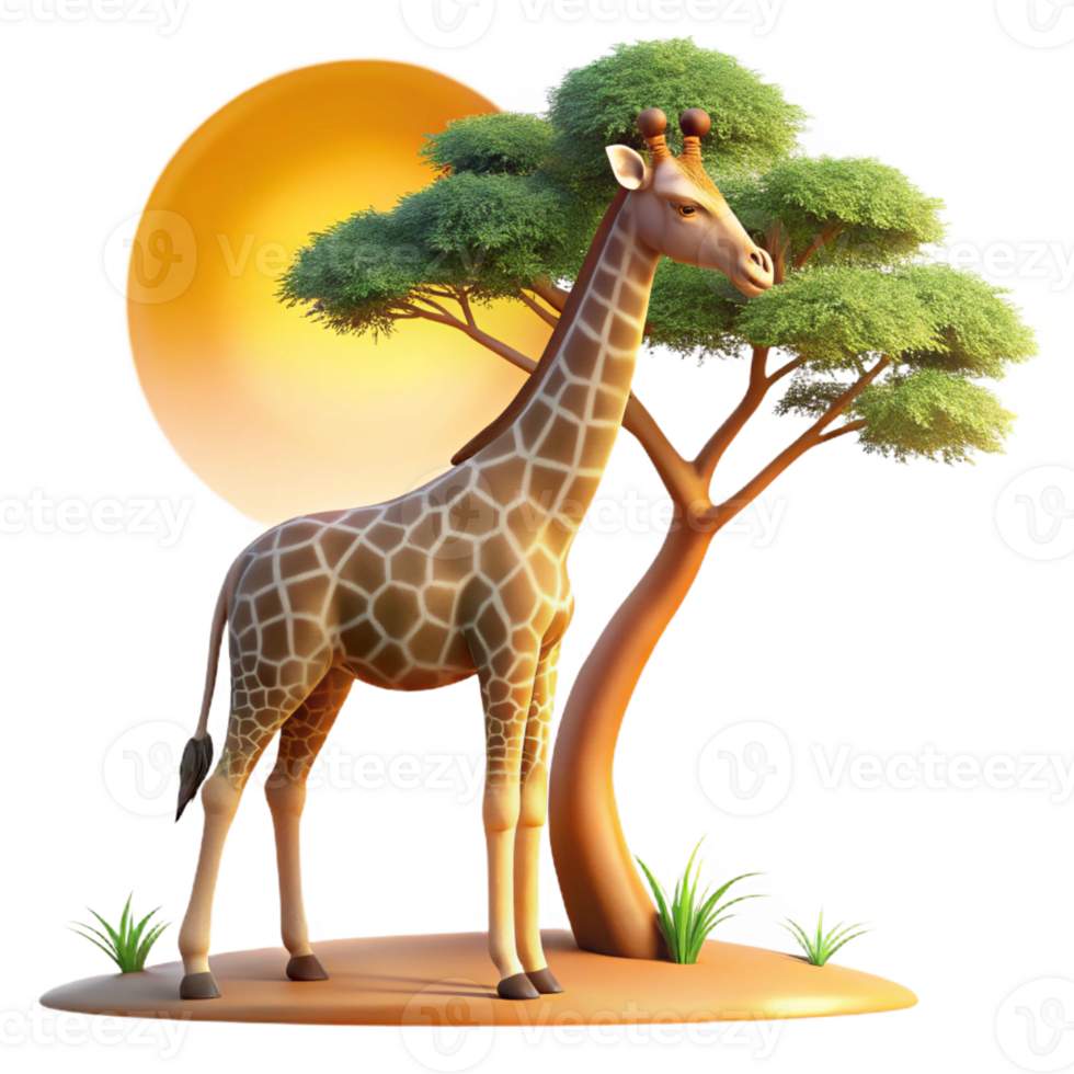 serene minimalist A graceful giraffe reaching for acacia leaves, illuminated by the warm African sun, in a naturalistic, photographic style professional png