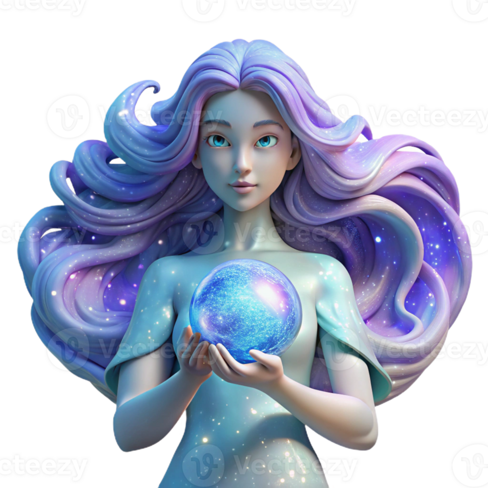 impressive rustic A translucent, ethereal woman with flowing hair made of galaxies, holding a glowing orb, in a soft, dreamlike art style exclusive png