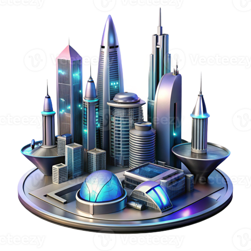elegant vintage Futuristic cityscape, sleek metallic towers, flying vehicles, neon lights reflecting on polished surfaces, cyberpunk art style premium png