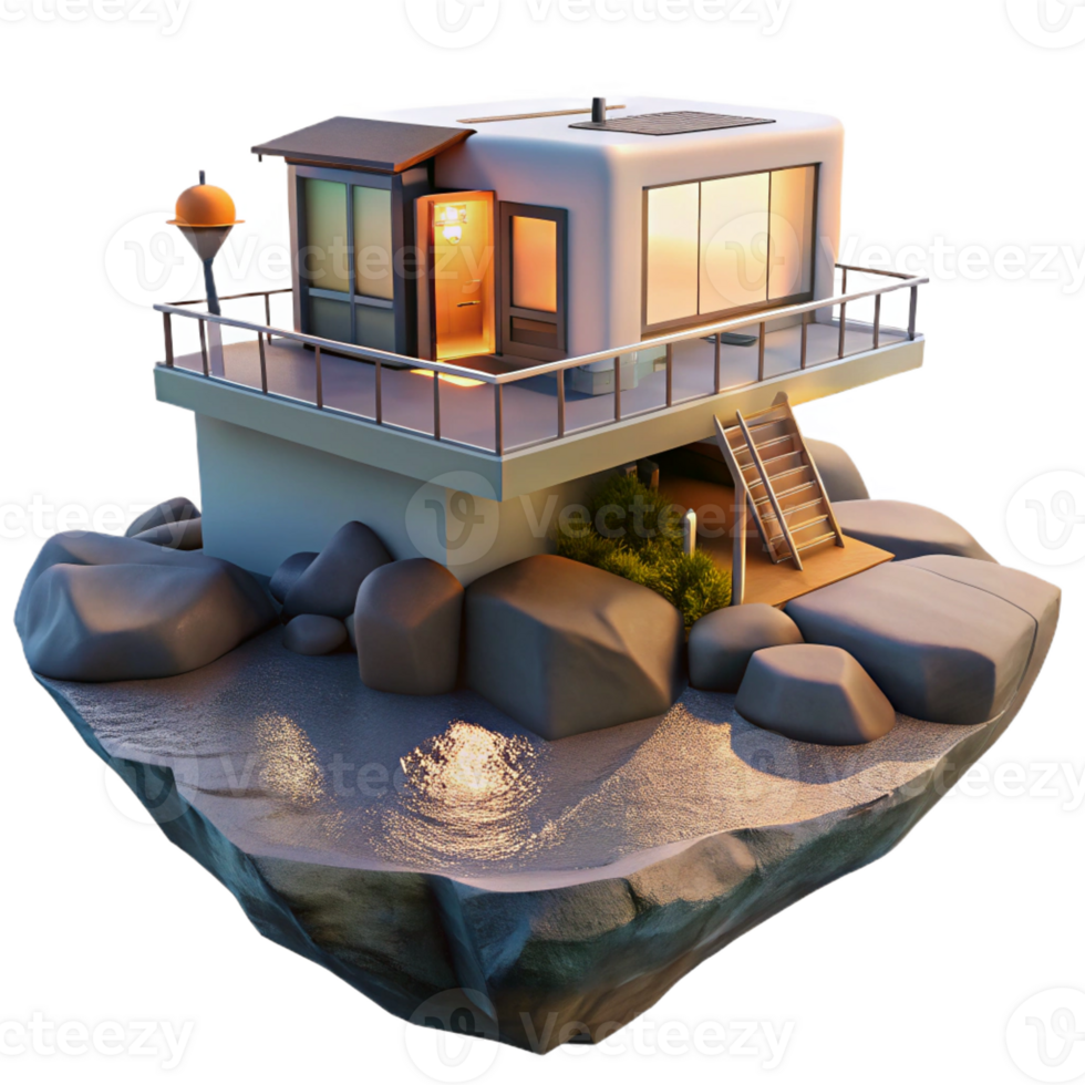elegant contemporary A floating, modular home anchored to a rocky island, sunset lighting, architectural visualization high quality png