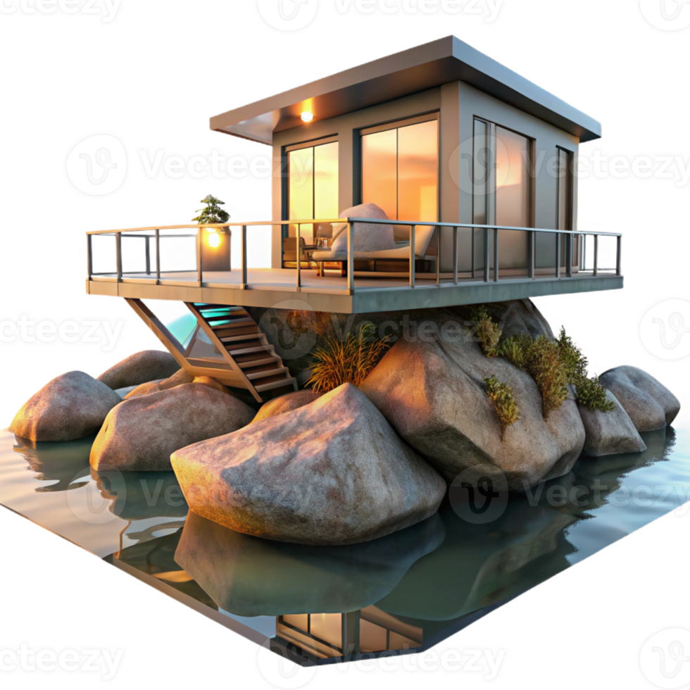 impressive creative A floating, modular home anchored to a rocky island, sunset lighting, architectural visualization high resolution png