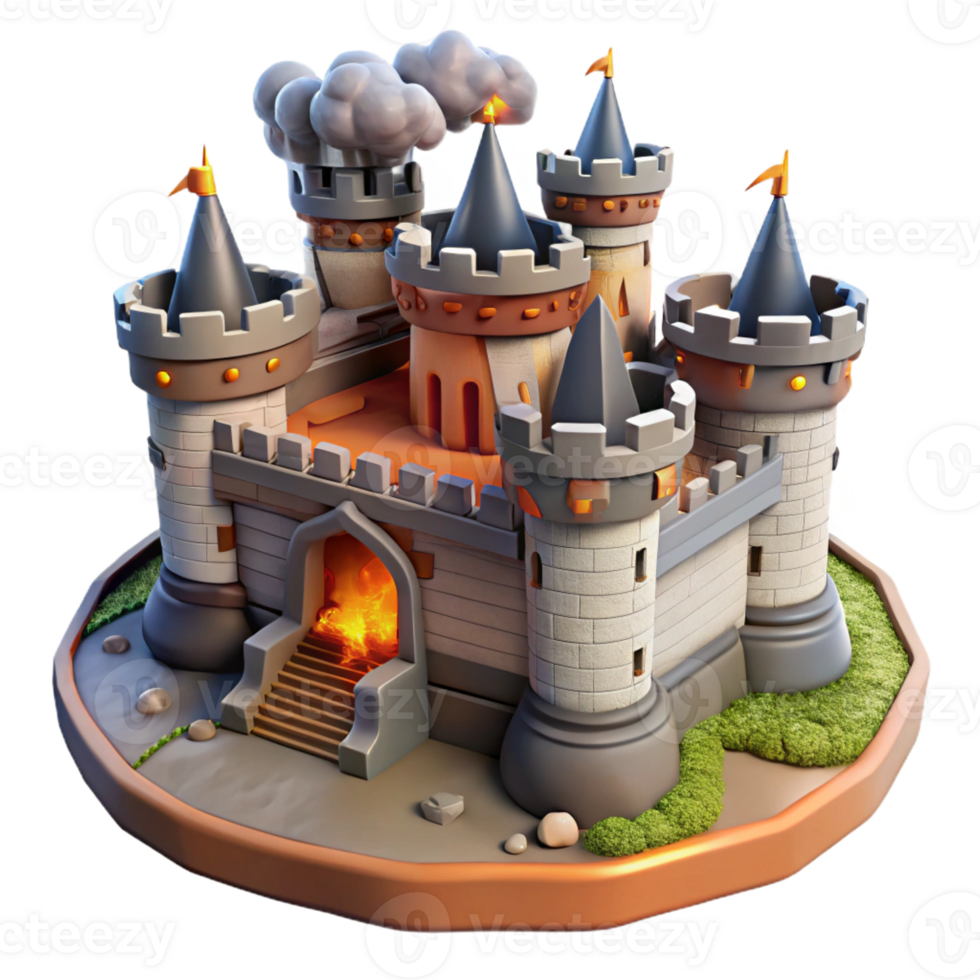 vibrant rustic A medieval castle under siege, dramatic action, realistic detail, smoky atmosphere premium png