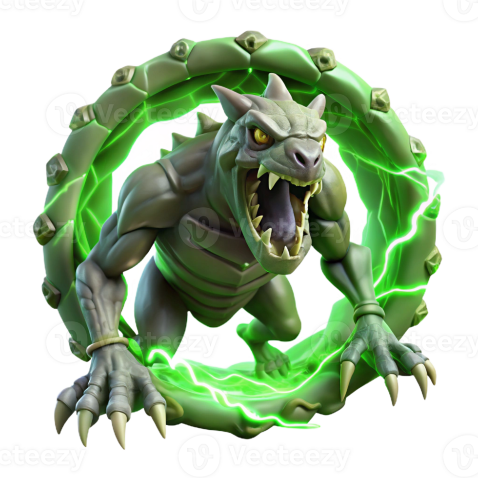 magnificent minimalist A monstrous, multi-eyed beast with razor-sharp claws emerging from a swirling portal of shadows. Lit by flashes of green lightning, depicted in a biomechanical, horror style 4K png