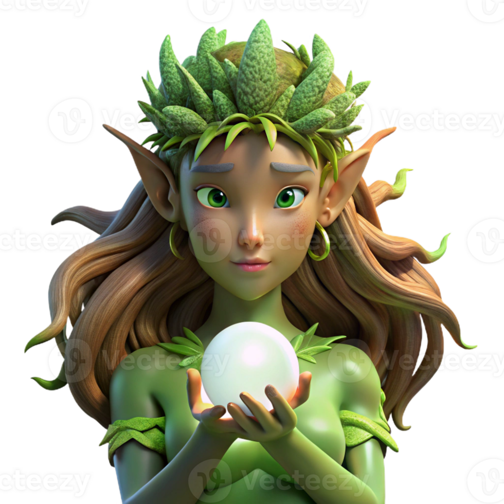 dramatic contemporary A serene dryad with bark-like skin and flowing moss hair, cradling a glowing orb of sunlight, in a Pre-Raphaelite style. Soft, dappled lighting original png