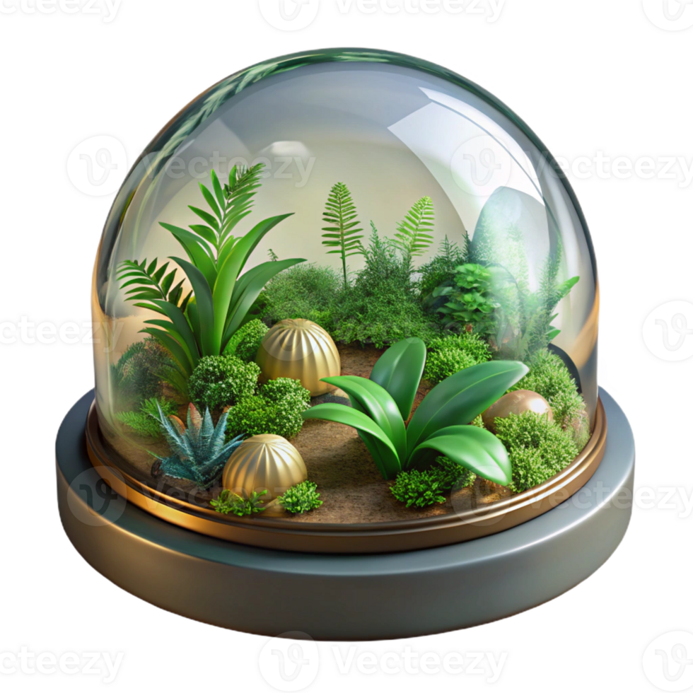 stunning creative A glass dome biosphere housing a lush tropical ecosystem, bright sunlight, botanical illustration original png