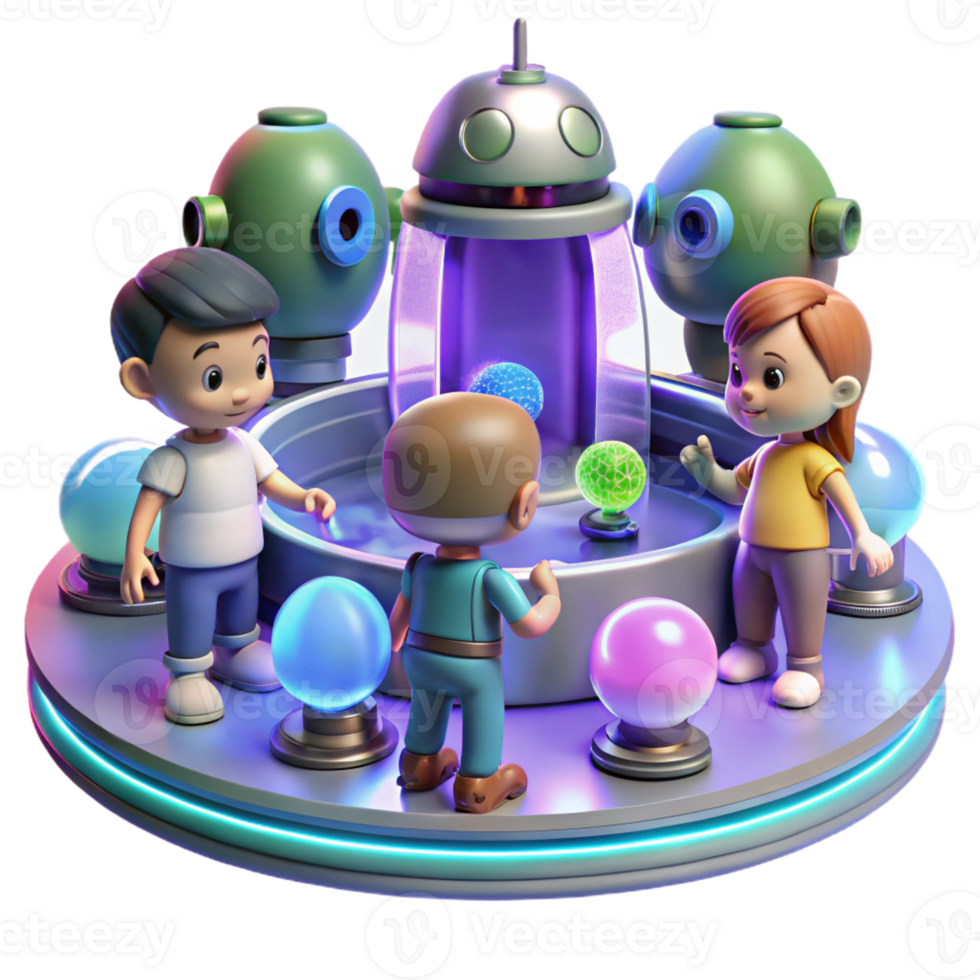 beautiful classic A group of children playing with robotic pets in a futuristic park, illuminated by soft, colorful lights. Cartoon style high quality png