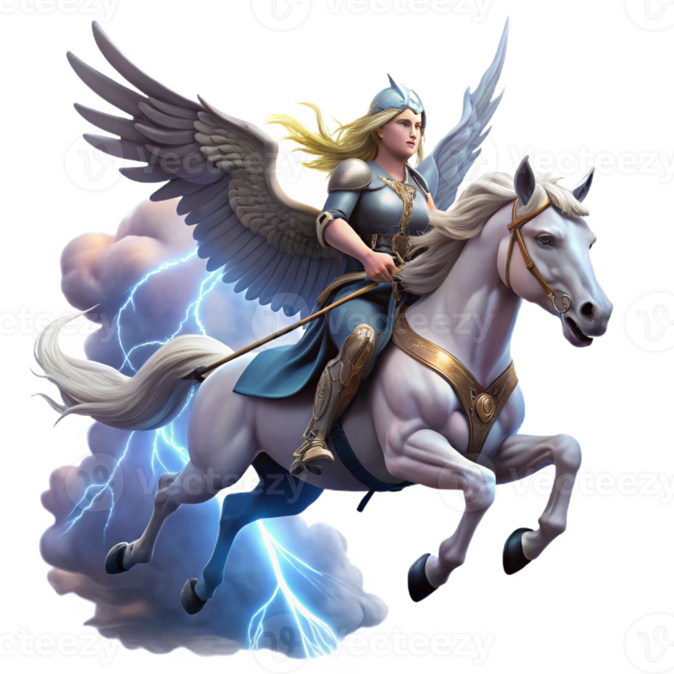 wonderful contemporary A noble Valkyrie riding a winged horse through a stormy sky, carrying a fallen warrior to Valhalla. Norse mythology style. Dramatic, lightning-streaked sky authentic png