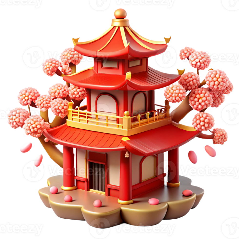impressive rustic A traditional Chinese pagoda with intricate red and gold details, surrounded by cherry blossom trees, soft lighting. Chinese architecture, traditional art, serene atmosphere genuine png