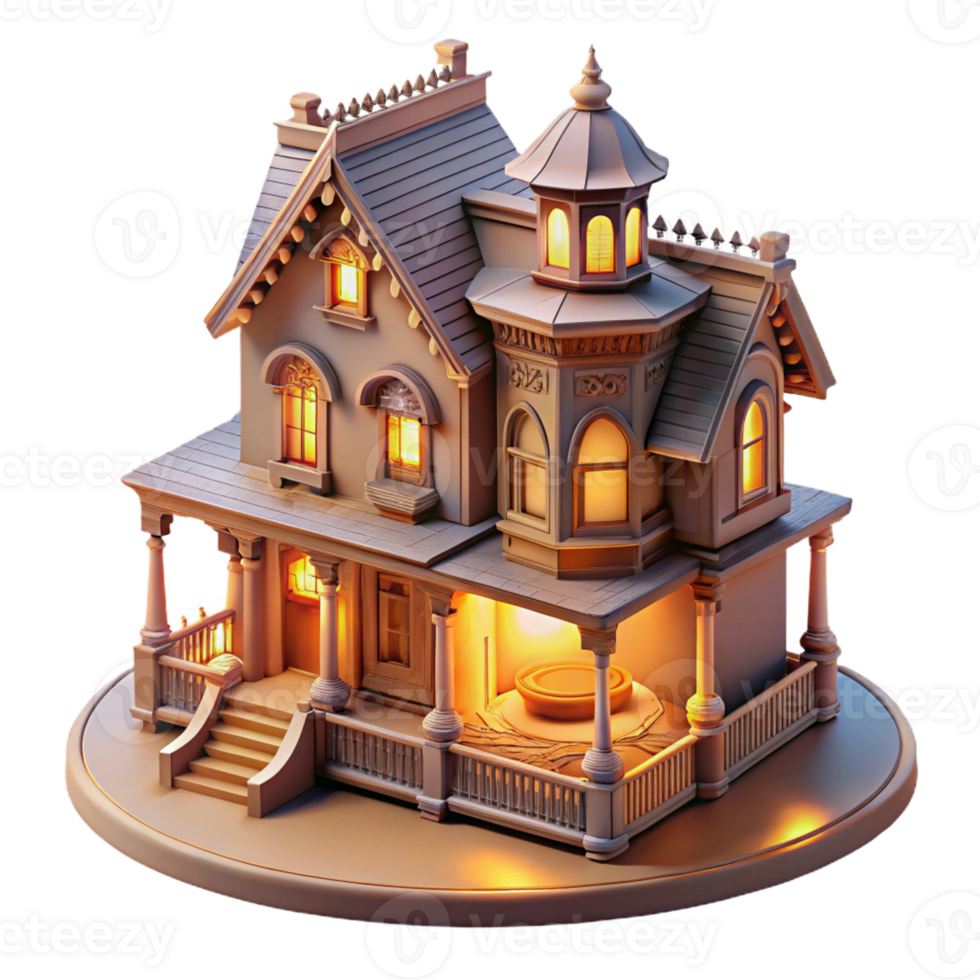 impressive rustic A miniature Victorian dollhouse filled with intricate details, lit by warm candlelight, miniature photography style premium png