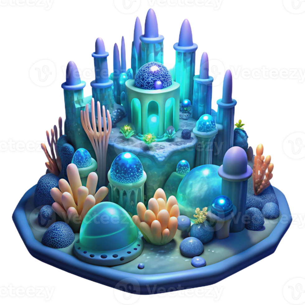 wonderful minimalist An underwater city constructed of bioluminescent coral, bathed in the ethereal glow of deep-sea creatures, fantasy art style detailed png