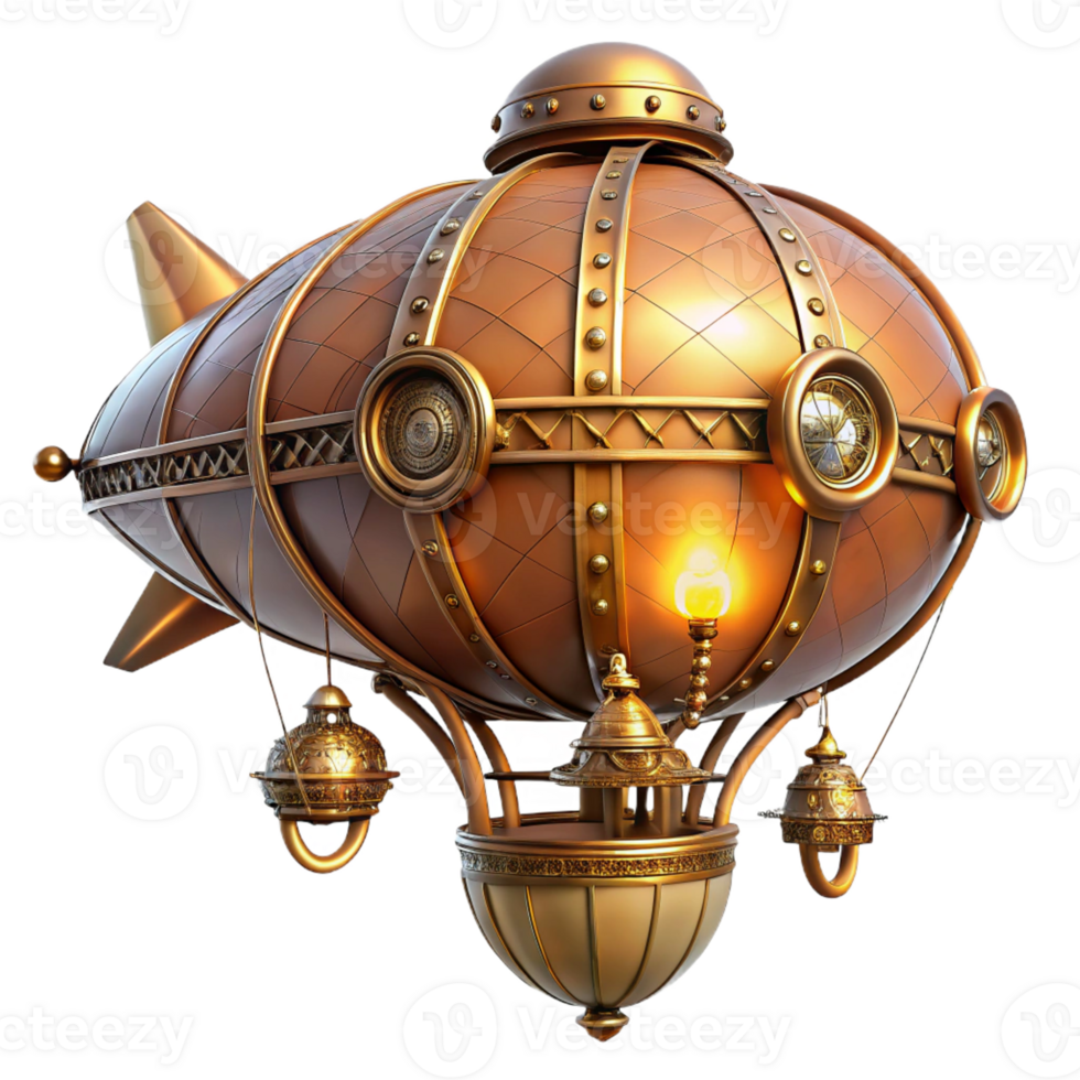 stunning traditional A steampunk airship, copper and brass, intricate clockwork gears visible, lit by warm flickering gaslight, highly detailed, art nouveau inspired premium png