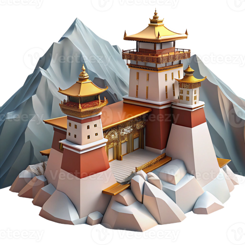 serene vintage Mountaintop monastery, stone walls, snow-capped peaks, serene atmosphere, Tibetan architecture style detailed png