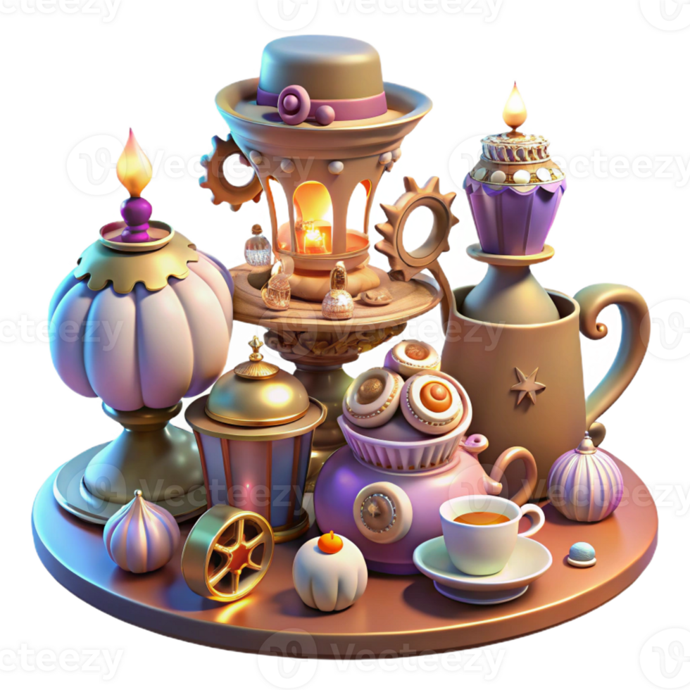 vibrant traditional A whimsical steampunk tea party with ornate teacups, clockwork pastries, and guests in elaborate attire, lit by soft candlelight in a fantasy art style high quality png