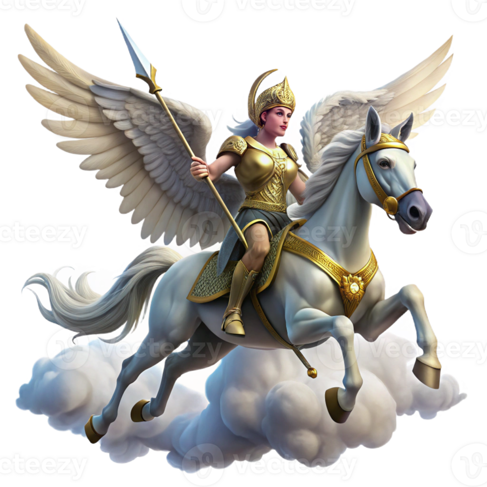 extraordinary modern A regal valkyrie with winged helmet and spear, riding a winged horse through a stormy sky. Dramatic, dynamic lighting. Norse mythology style high quality png